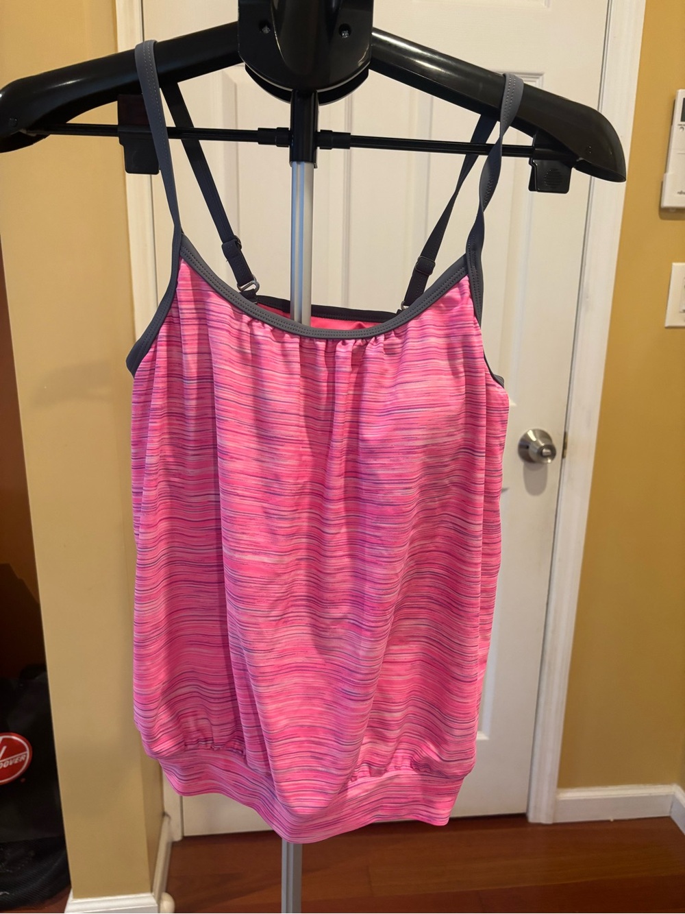 Pink Striped Tankini with Gray Trim